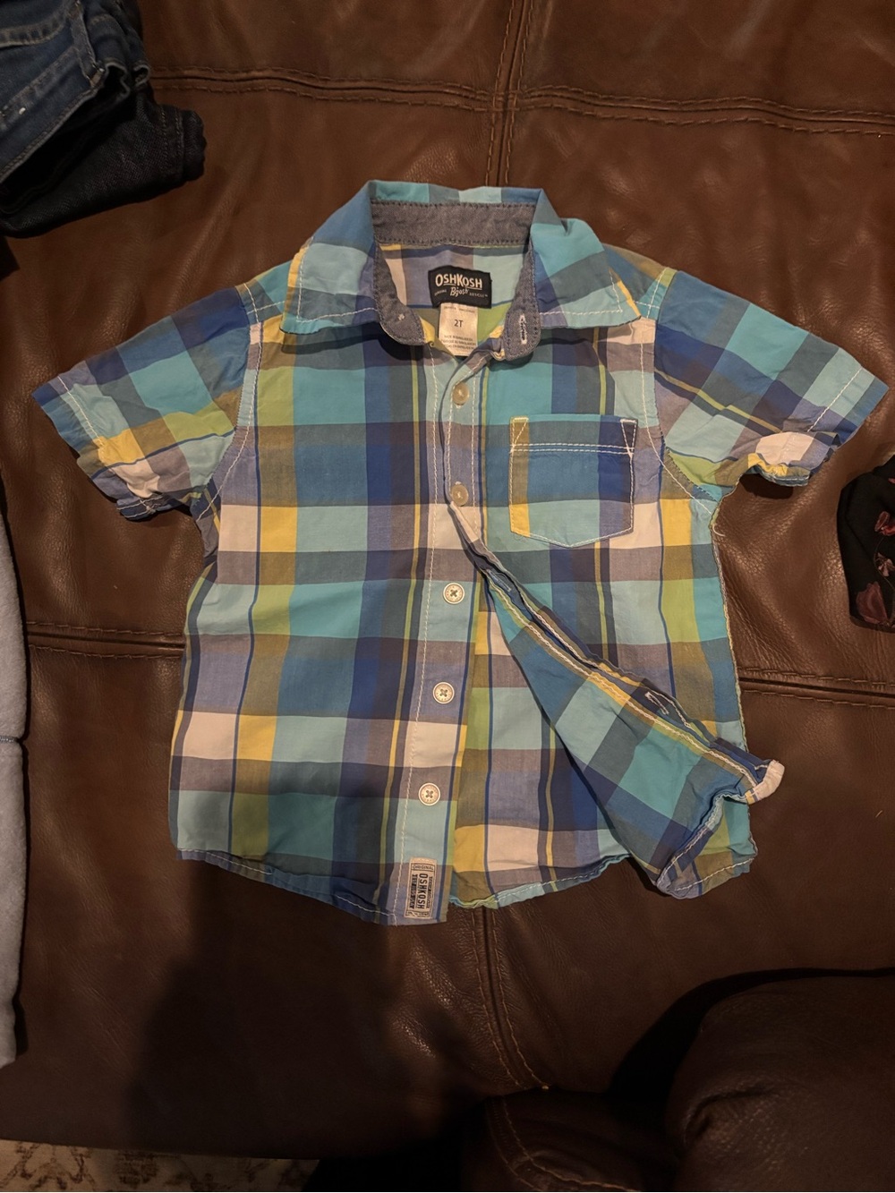 OshKosh B'gosh Teal & Navy Plaid Short-Sleeve Button-Down Shirt